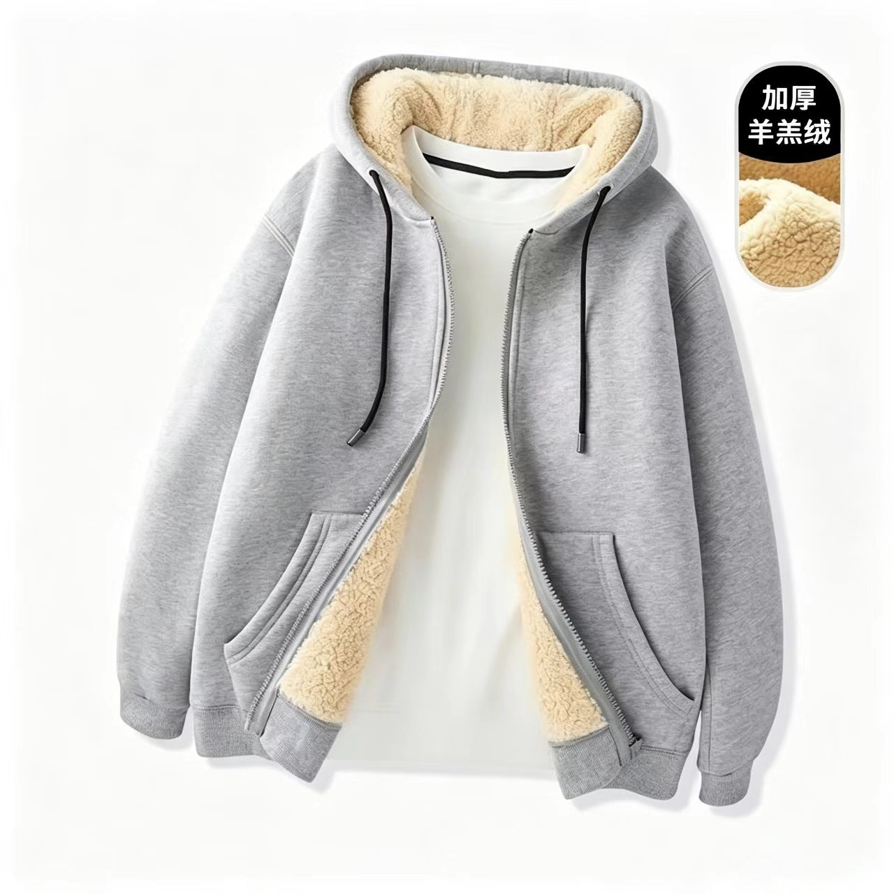 American-style gray hooded sweatshirt, autumn and winter zip-up cardigan, lamb fleece style, fleece-lined, thickened, warm, fashionable, loose-fitting jacket