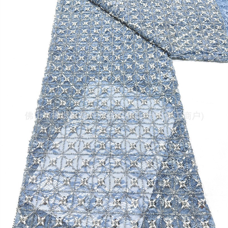 Blanco pesado clavos de cuentas sequinilla tela de encaje cuadrilátero cosido a mano perla sequinilla vestido tela