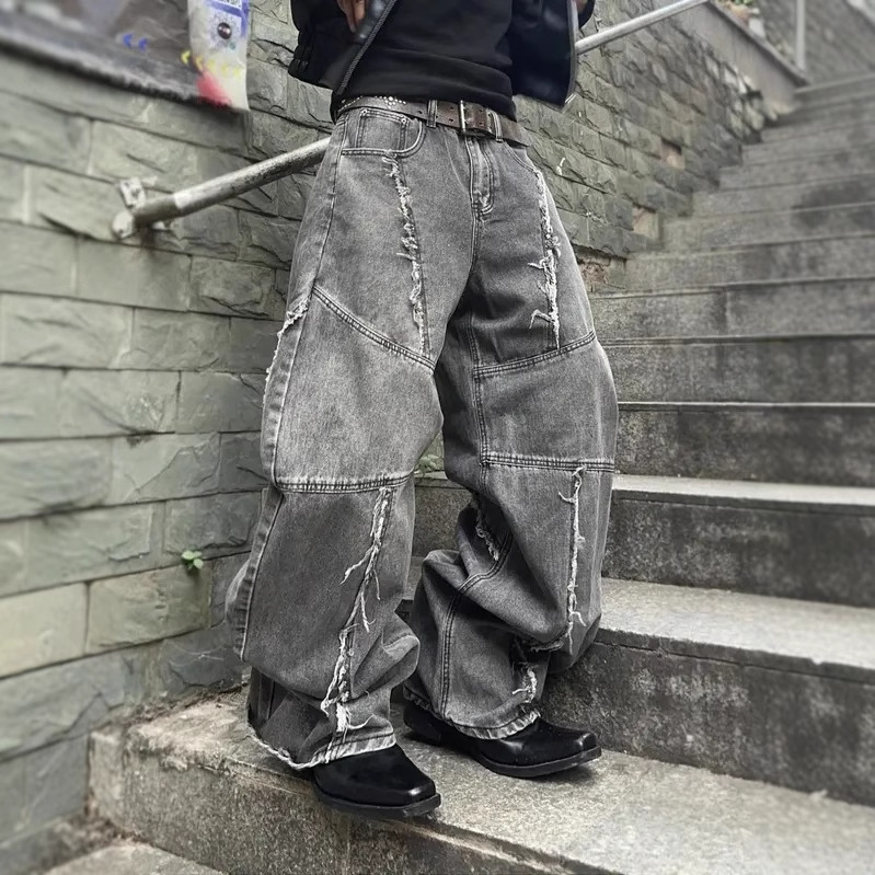 Cross-border tiktok americano retro lavado y jeans desgastados pantalones rectos sueltos de calle con costuras góticas