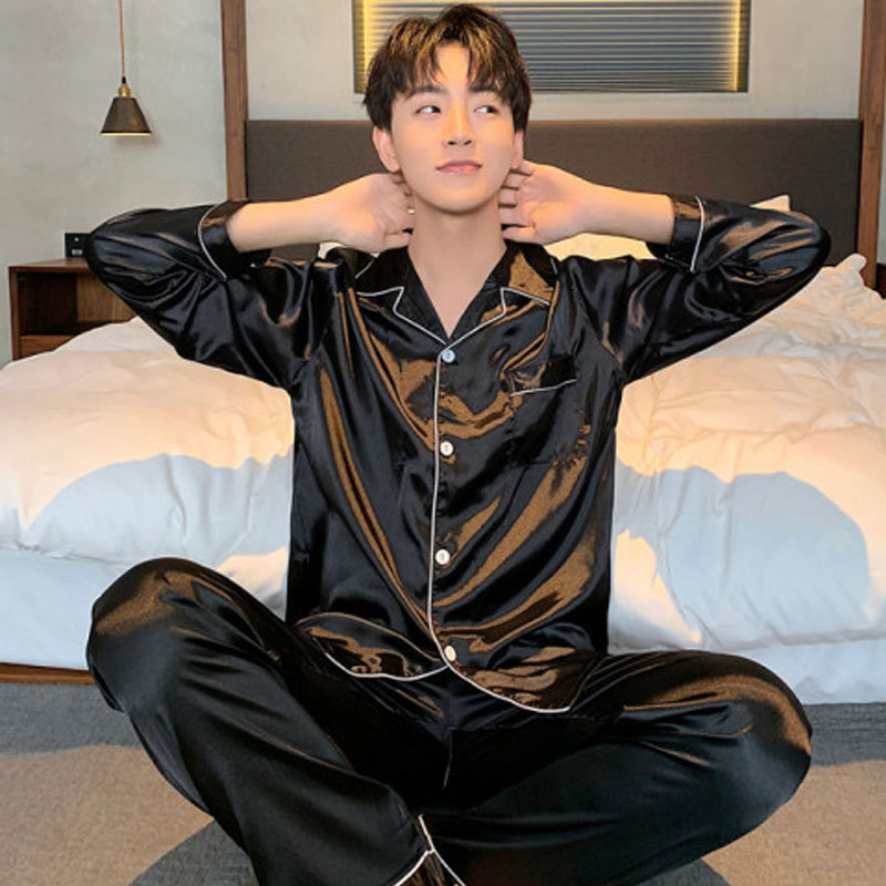 Ice Silk Pajamas Men's Autumn and Winter Loose Cardigan plus size Long Sleeve Silk suit Simple Casual Boys Home Clothes