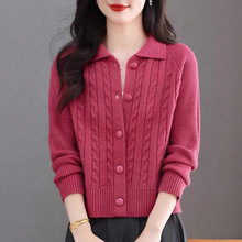 2025秋冬装新款外搭翻领纯色短款针织开衫女韩版宽松高腰毛衣