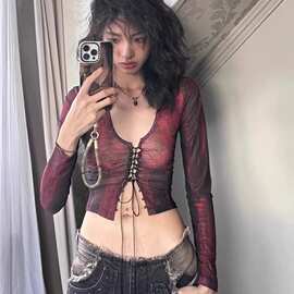 纯粹的欲望辣女孩V领系带上衣女式薄长袖防晒衬衫夏季新性感短透