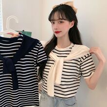 温柔风t恤条纹短袖针织衫女夏季新款韩版洋气外穿泫雅风短款上衣