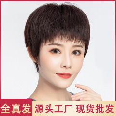 ショートヘアの女性用ウィッグ、ママ用フルウィッグ、ストレートショートヘア、中高年向け人毛、自然なヘアウィッグ、年齢を軽減するフル人毛ウィッグ