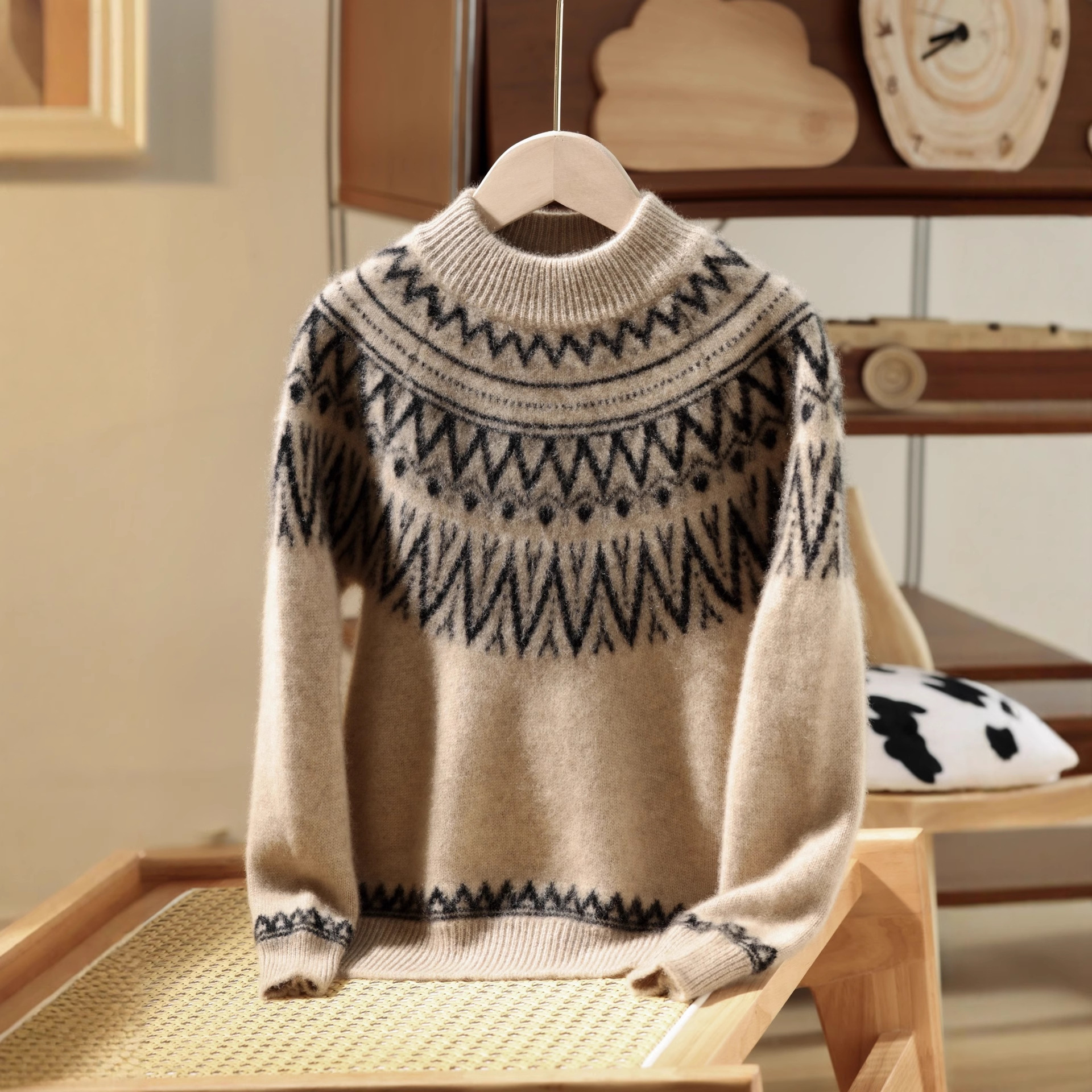 Thick Pure Wool Sweater with Seven Needles for Boys and Girls, Same Style for Older Children, Half-Turtleneck Fair Isle Retro Jacquard Sweater Trendy