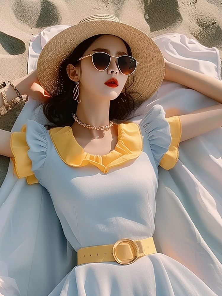 Váy maxi nữ giả hai mảnh phối màu tương phản, thiết kế thắt eo, phong cách Pháp — Màu sắc tương phản vàng và xanh chi tiết 6