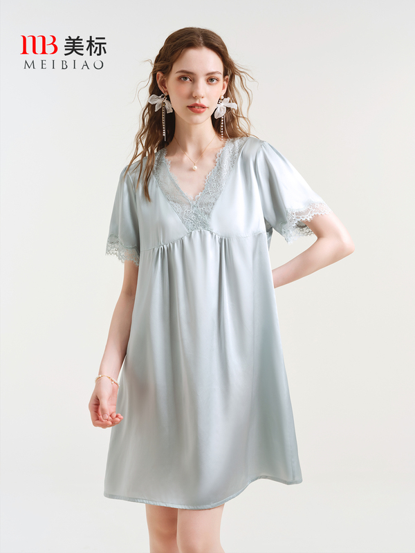 American Standard Short-Sleeved Silk Nightgown for Women Spring and Summer Mulberry Silk Pajamas That Can Be Worn Outside Lace Sexy Silk Cool Home Clothes