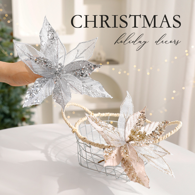 Glitter Floral Christmas Decorations – Shimmering Tulle & Velvet Artificial Flowers For Table Centerpieces & Holiday Styling_voghion.com