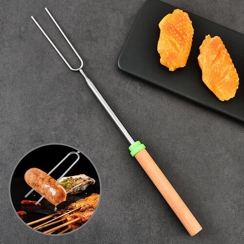 Outdoor Telescopic BBQ Fork Stainless Steel U-shaped Fork BBQ Tool Outdoor BBQ Set Wooden Handle BBQ Skewer