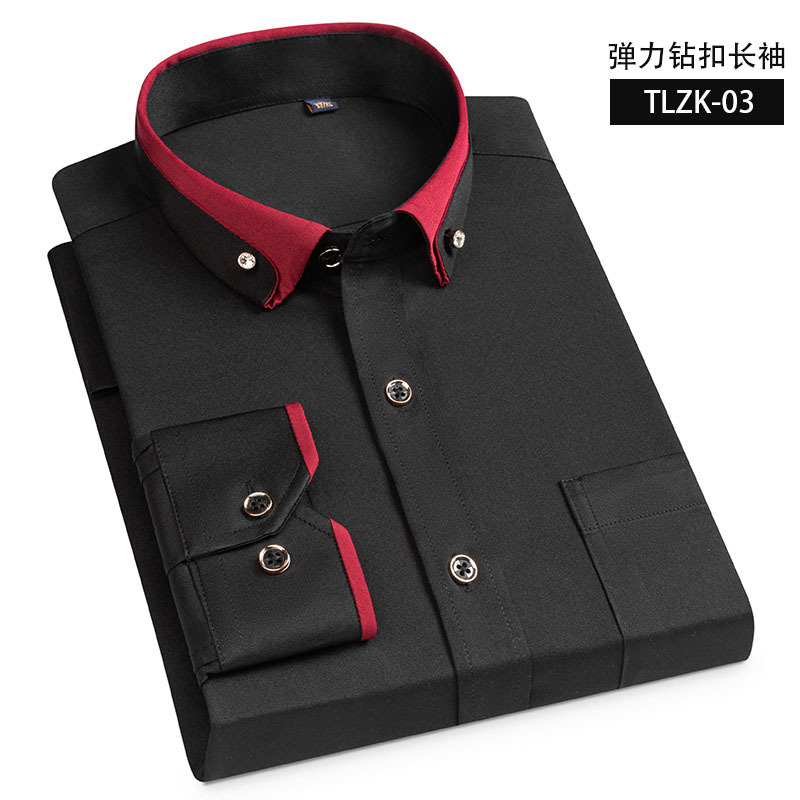 Camisa elástica de manga larga antiarrugas hebilla de diamante contraste color collar hombres de negocios casual Four Seasons camisa de bolsillo para hombre