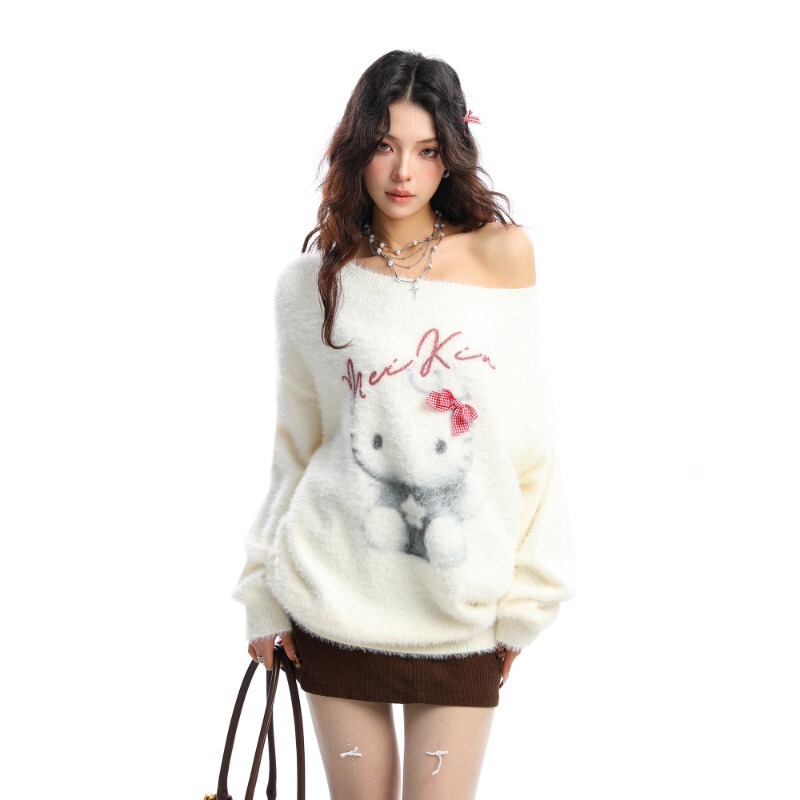 Tmall Quality Cute Hello Kitty Off-Shoulder Soft Sweater for Women, Autumn and Winter Soft Mohair Warm Off-Shoulder Top Trendy Tmall Quality Cute Hello Kitty Off-Shoulder Soft Sweater for Women, Autumn and Winter Soft Mohair Warm Off-Shoulder Top Trendy