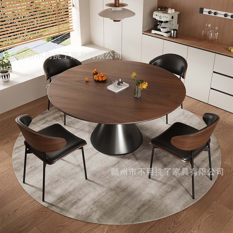 North American Black Walnut Solid Wood Round Table, Antique Style Household Small Apartment Retro Dining Round Dining Table and Chair Combination