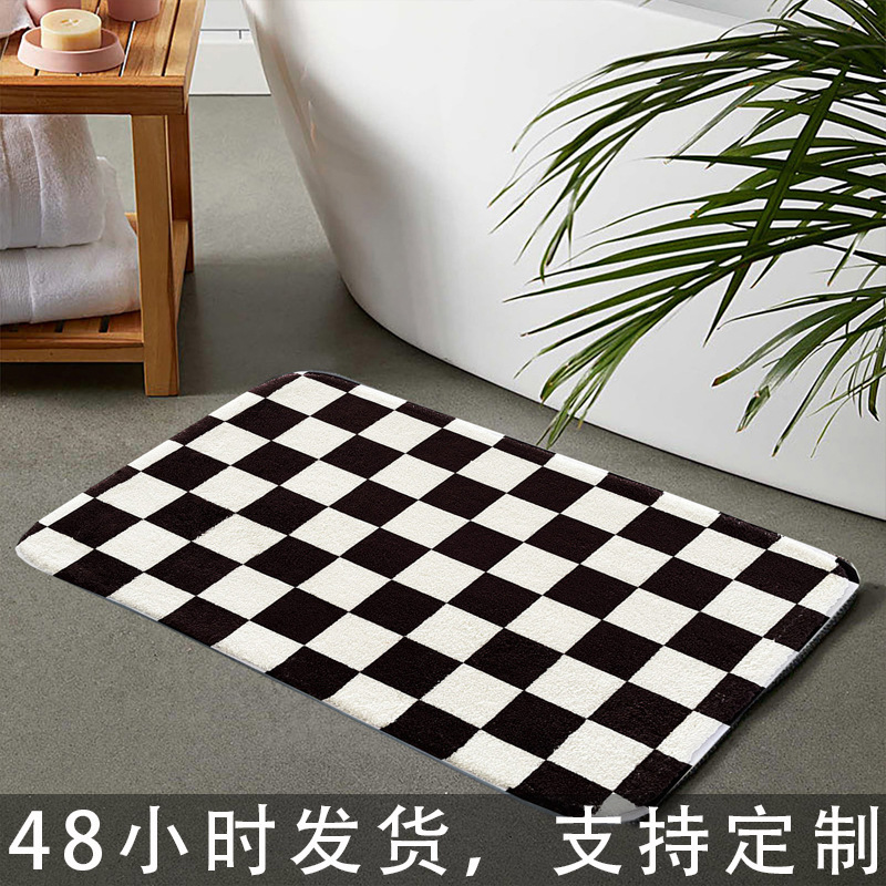 Black and White Checkerboard Pattern Long-Haired Carpet, Faux Cashmere Bathroom Mat, Non-Slip, Trendy Door Mat, Comfortable Foot Mat