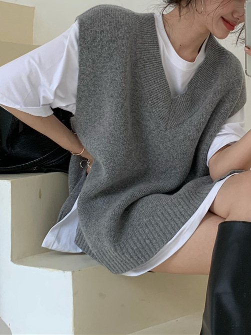 大码V领针织背心马甲女秋冬胖mm宽松显瘦中长款毛衣马夹外套上衣|undefined