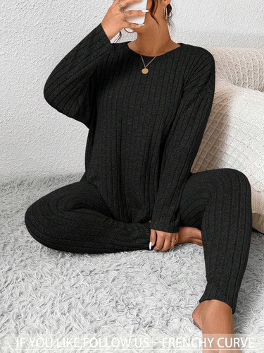 Autumn and winter solid color round collar, long-sleeved, pitch-strip top and fashionable casual pants two-piece suit oversized