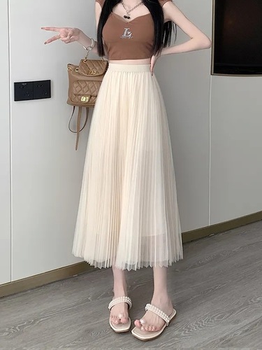 Drop-shoulder Mesh Half-length Skirt for Women 2025 Spring and Autumn Double-layer Pleated Word Skirt High-waisted Slimming Lightweight Mesh Skirt