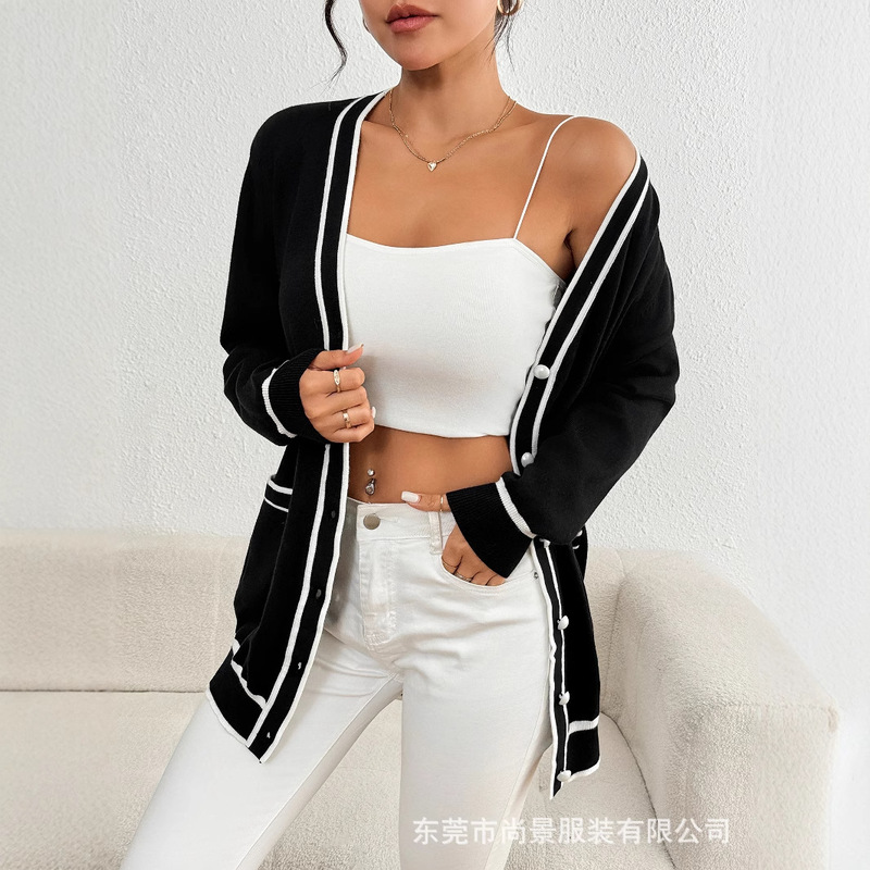 European and American Cross-Border V Neck Women's Sweater Autumn and Winter Loose Knitted Jacket Button Style Pure Color Long-Sleeved Cardigan with Flap Pocket Pantss
