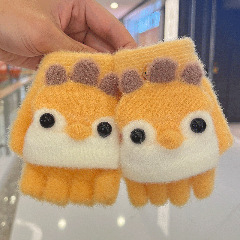 Guantes para niños otoño y invierno para bebés hembra y mujer gruesos guantes calientes para niños pequeños estudiantes de primaria escritura medio dedo flip tejer