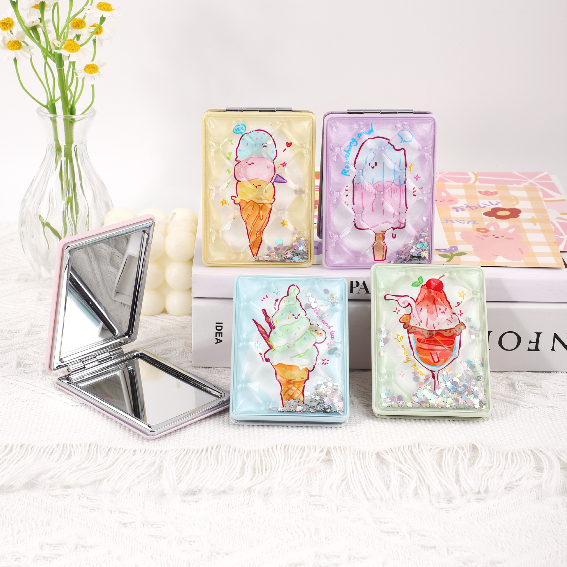 Moda creativa de moda rectangular pantalla completa espejo de maquillaje de arena flotante se puede presionar pequeño espejo portátil espejo de maquillaje