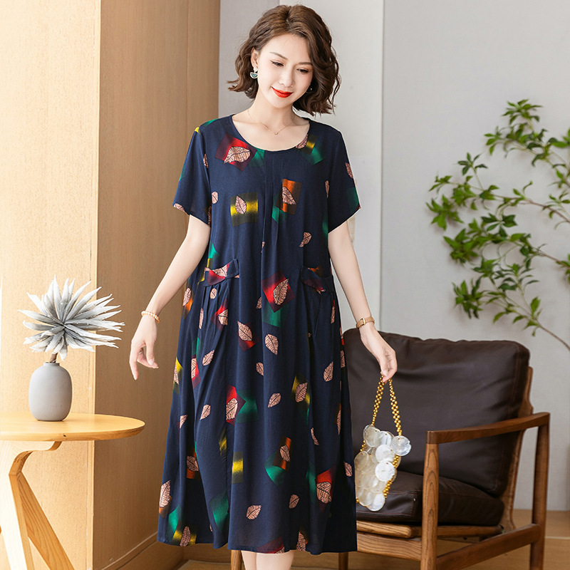 胖妈妈装夏装棉绸连衣裙加肥加大码女装中老年人夏季洋气宽松裙子|undefined