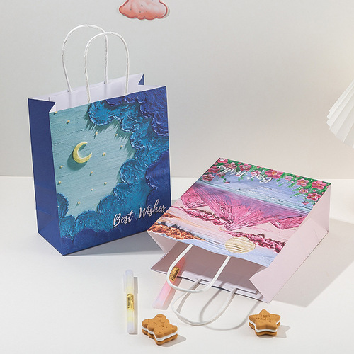 Creative oil painting gift bag, literary handbag, festive and exquisite men's and women's birthday bouquet packaging, gift paper bag