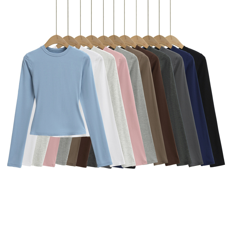 Kardashian Round Neck Long Sleeve T-Shirt for Women, Trendy Spring and Autumn Basic Style, Solid Color Versatile Elastic Waist-Cinching Solid Color Base Top