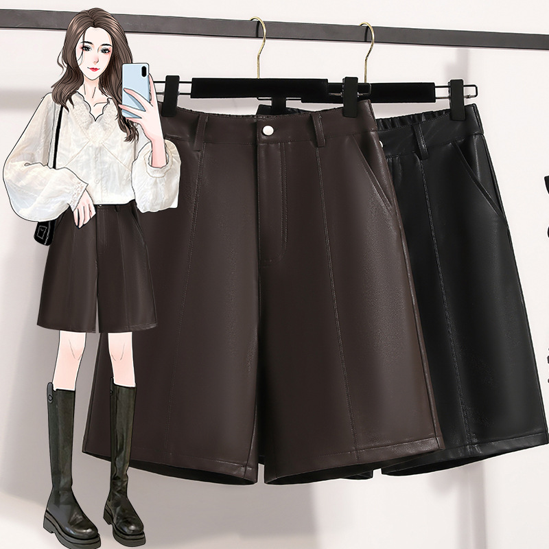 实拍2025新款秋款冬季外穿五分裤靴裤大码阔腿直筒中裤pu皮裤女