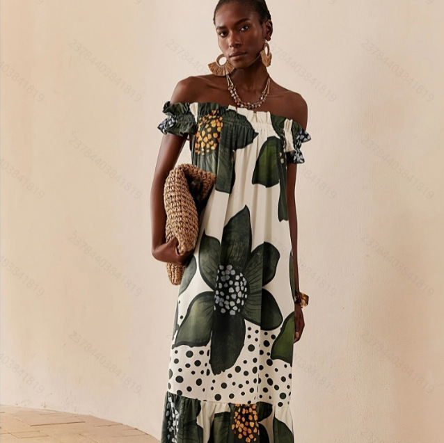 Women's Fashion Floral Print Strapless Maxi Dress, Vacation Style Women's Summer African Dress