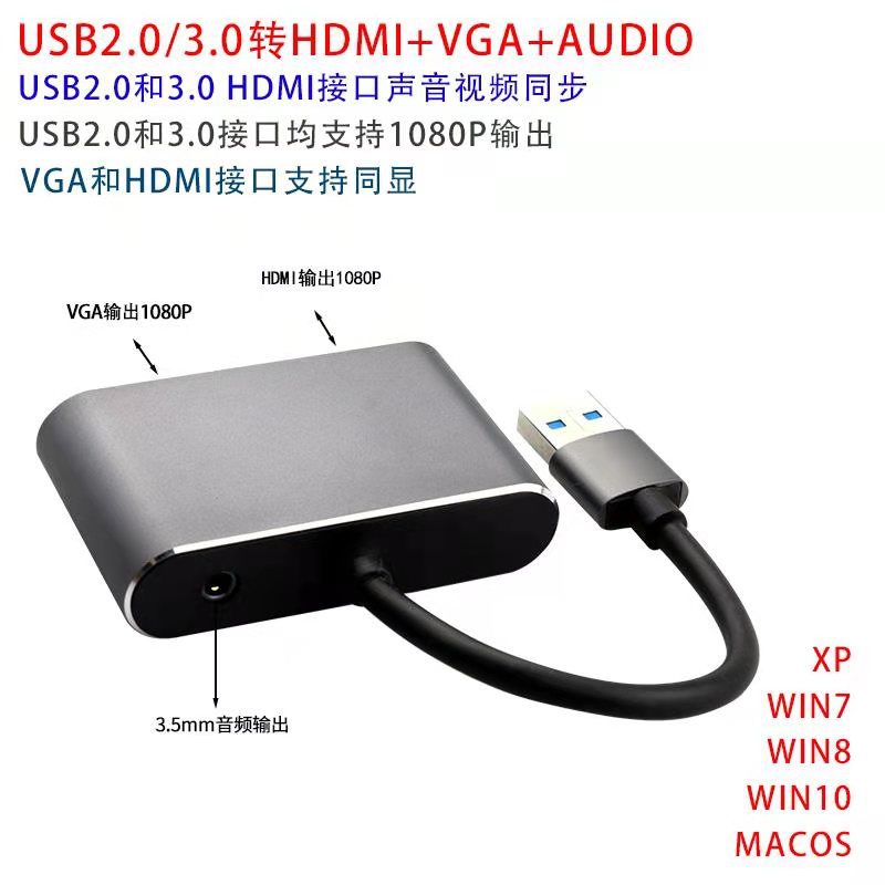 usb转hdmi+vga二合一画面同显音频免驱台式电脑笔记本转电视拓展