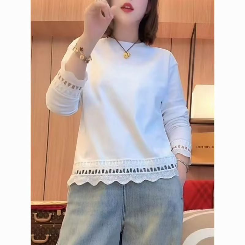 Derong 220g High-End Lace Splicing Long-Sleeved T-Shirt Women's Large Size 20 Bottoming Shirt, Fashionable and Unique Top