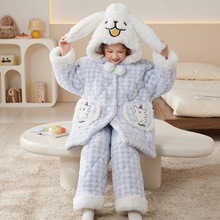 女童三层夹棉睡袍儿童睡衣冬款加厚初中生16岁女孩冬季珊瑚绒套装