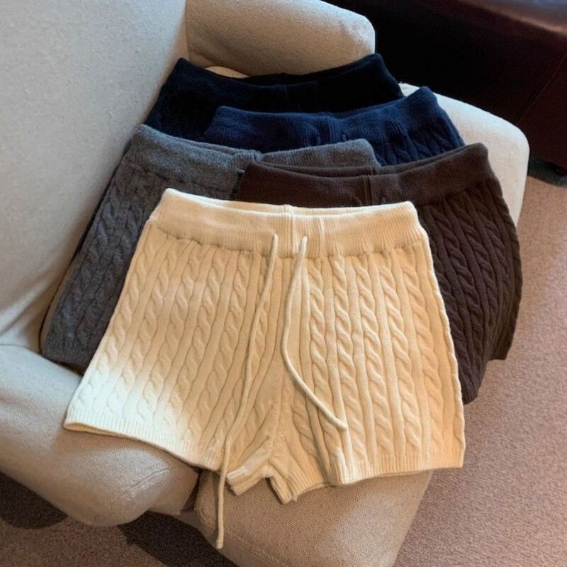 American Basic Versatile Pure Color Knitted Shorts for Women 2025 Autum New High Waist Drawstring Versatile Casual Shorts