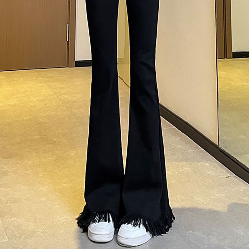 美式牛仔褲女春季2025新款高腰修身毛邊喇叭褲流蘇黑色闊腿褲