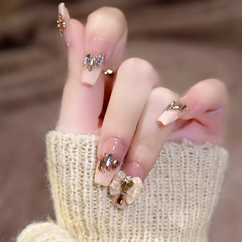 Cross-Border 24-Piece French-Style Medium-Length Nail Tips with Bowknot, Wearable Nails, Medium-Length Nail Tips, Detachable Pre-Made Nails