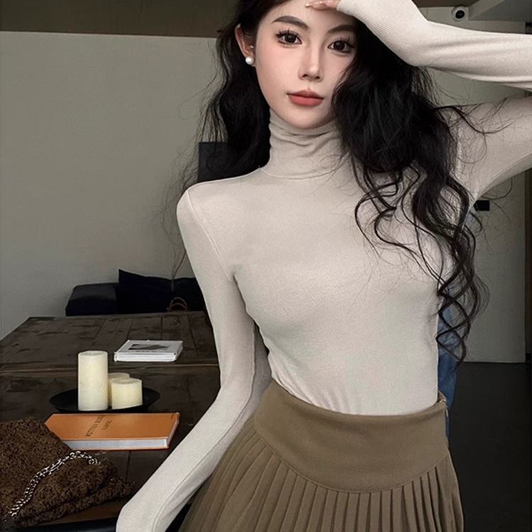 韩版灰色高领长袖T恤女秋季新款收腰修身打底衫纯色紧身内搭上衣|undefined