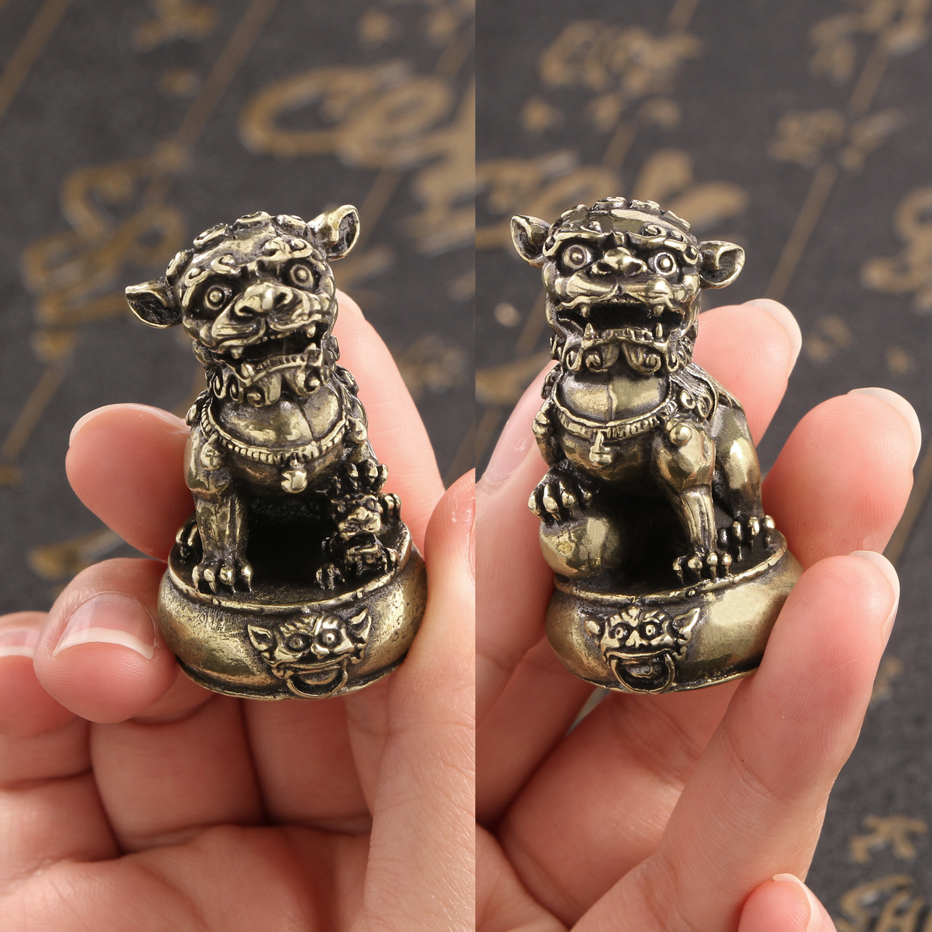 Solid Copper Brass Carving Standing Drum Pair of Lion Ornaments Antique Precision Copper Art Tea Pet Copper Lion Antique Copperware Copper Handle Pieces