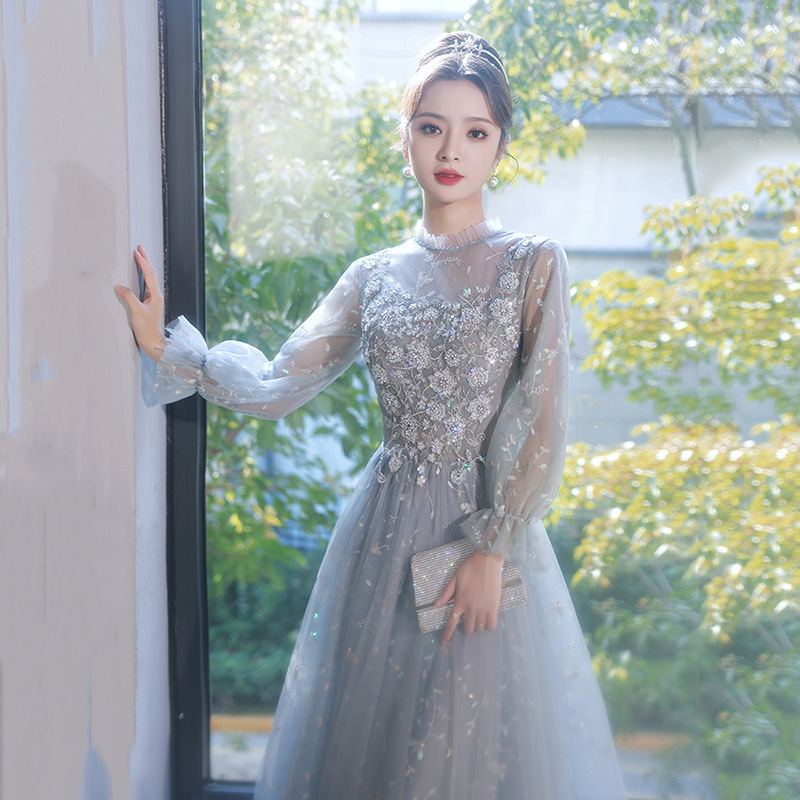 Gray-Blue Evening Dress for Women 2026 New Style Banquet Fairy-Like Elegant Performance Dress Long-Sleeved Birthday Party Annual Meeting Dress Gray-Blue Evening Dress for Women 2026 New Style Banquet Fairy-Like Elegant Performance Dress Long-Sleeved Birthday Party Annual Meeting Dress