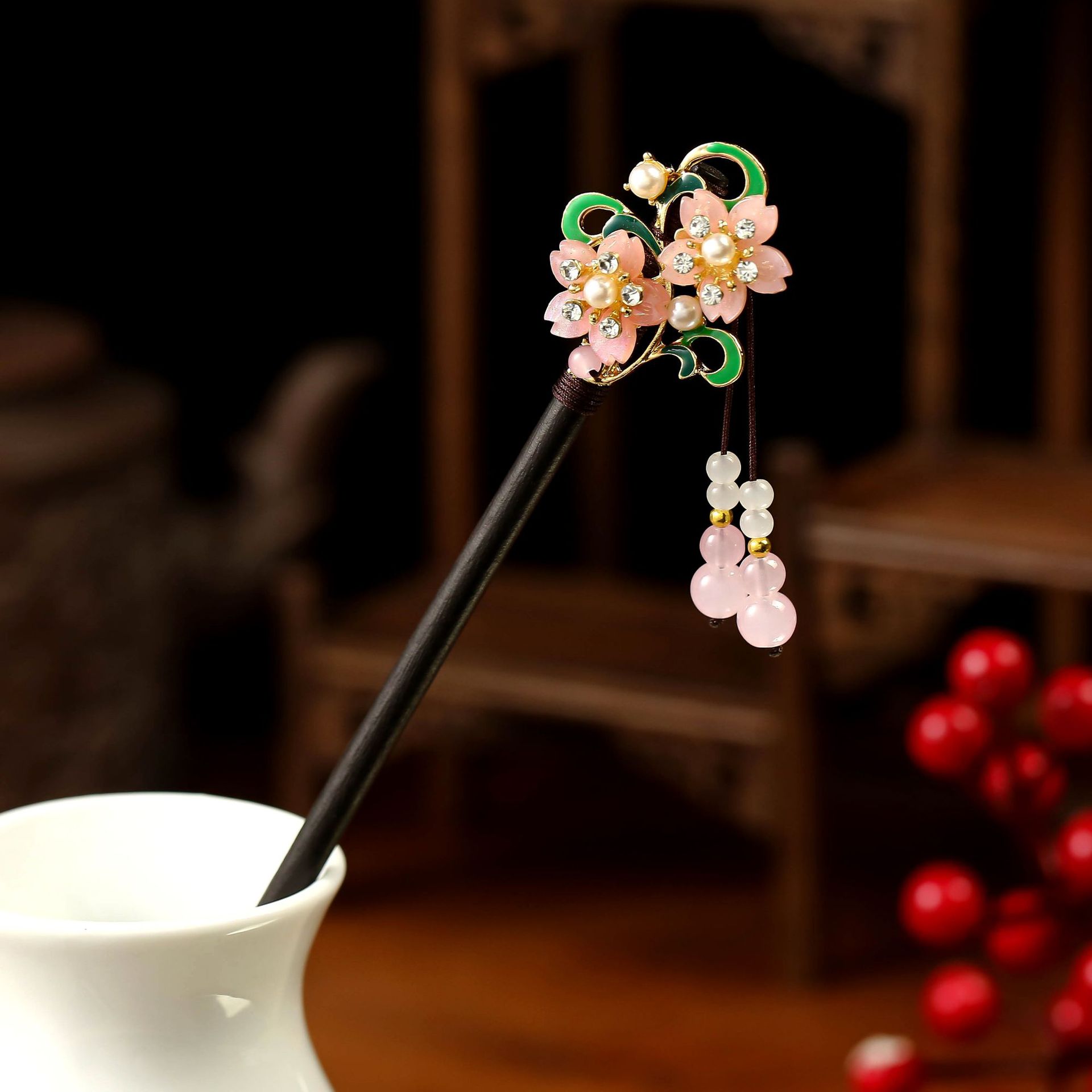 中式復古喬木髮簪仿真桃花流蘇步搖簪子女式古裝旗袍裝飾髮釵髮飾