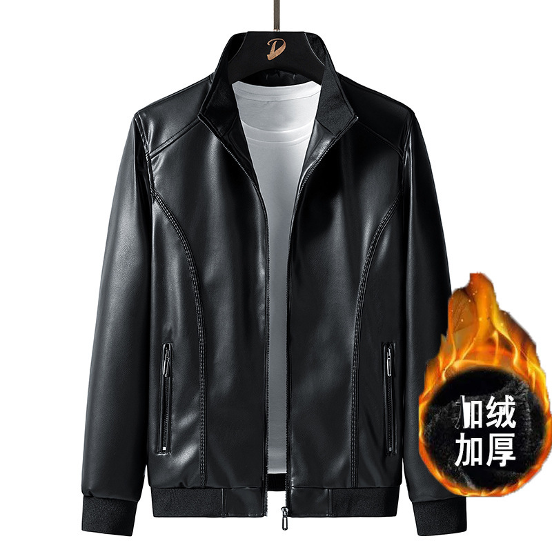 Leather Men's Plus Size fleece-lined Winter New Korean Style Stand Collar Slim Fit Leather Jacket Casual PU Leather Motorcycle Jacket