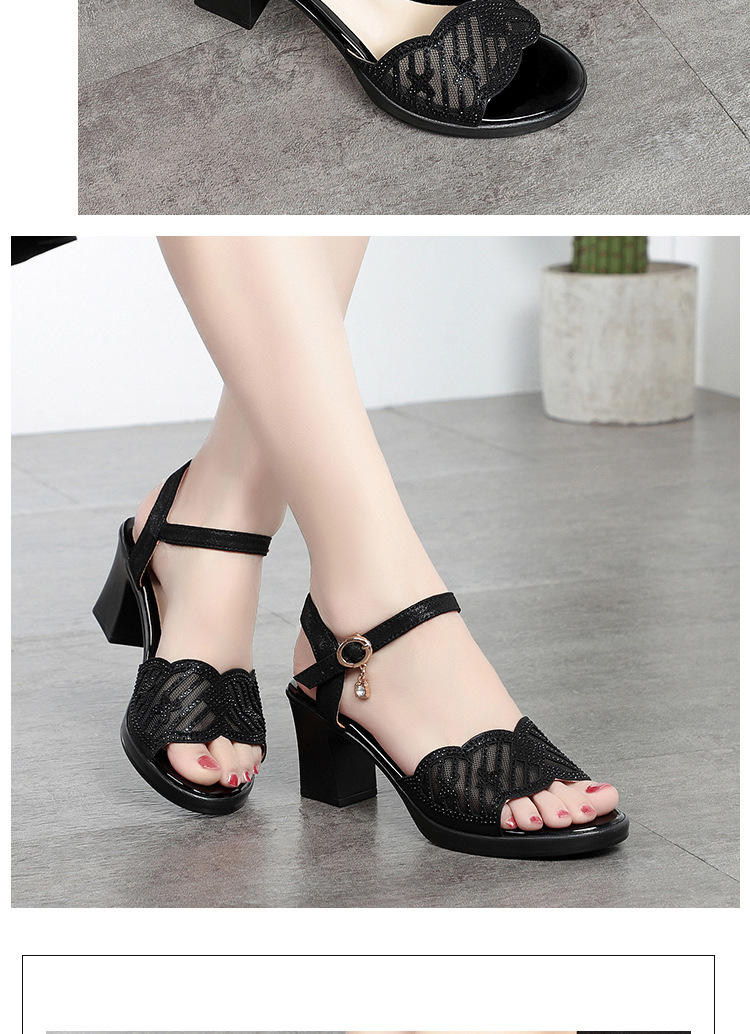 Sandal cao gót nữ hở mũi quai ngang đính đá rhinestone da thật — Màu đen chi tiết 12