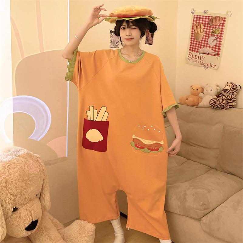 Hamburg One-Piece Pajamas for Girls Summer Short-Sleeved Pure Cotton Plus Size Fat mm Loose and Cute Student Casual Home Clothes