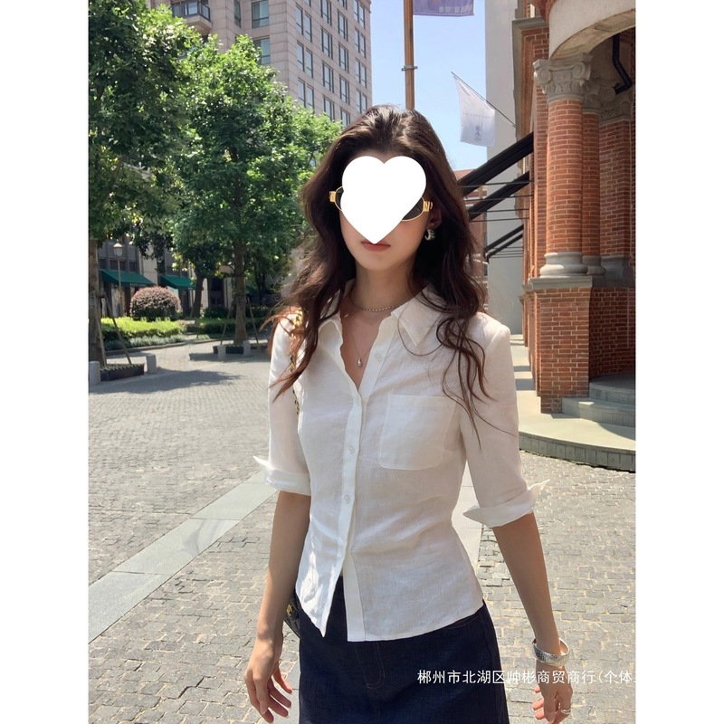 跨境白色棉麻衬衫女夏季轻薄透气修身显瘦防晒衬衣设计感中袖衣|undefined