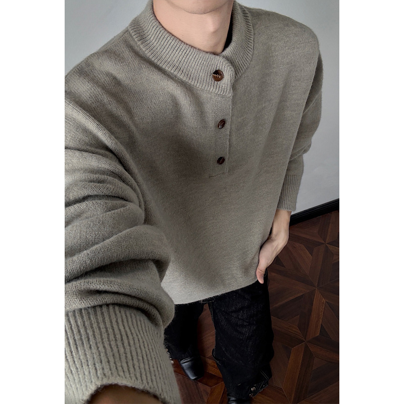 American retro old money style Henry collar sweater for men, trendy loose casual long-sleeve knitwear for spring and autumn American retro old money style Henry collar sweater for men, trendy loose casual long-sleeve knitwear for spring and autumn