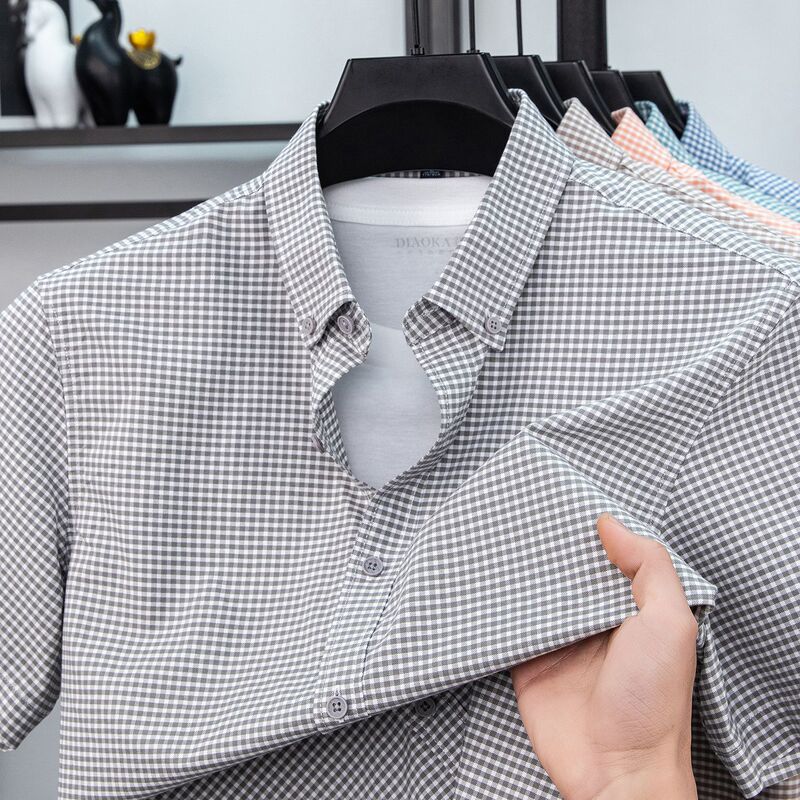 Authentic Plaid Short-Sleeved Shirt for Men, Young and Middle-Aged, Summer New Style, Houndstooth Pure Cotton, Non-Iron Shirt