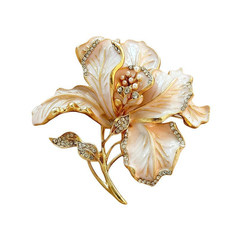 Vintage enamel floral brooch, high-end diamond-encrusted pearl flower pin, suitable for suits and outerwear, cross-border jewelry
