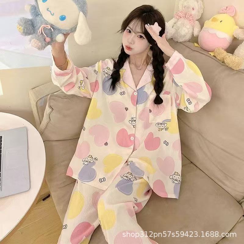 雲の綿のパジャマの女性のシンプルで甘いネットの赤い長袖のカーディガンの少女のカジュアルな薄いタイプの家庭服の2つのセット|undefined