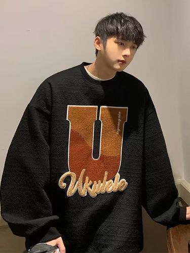 Vintage American Letter Texture Hoodless Crew Neck Sweatshirt Trend Brand Autumn Wear Street Loose Fashion Casual Couple Top