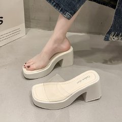Women's 2024 Summer New PVC One Strap Elevated Thick Sole Slippers - Simple Breathable High Heel Solid Color Outdoor Slippers