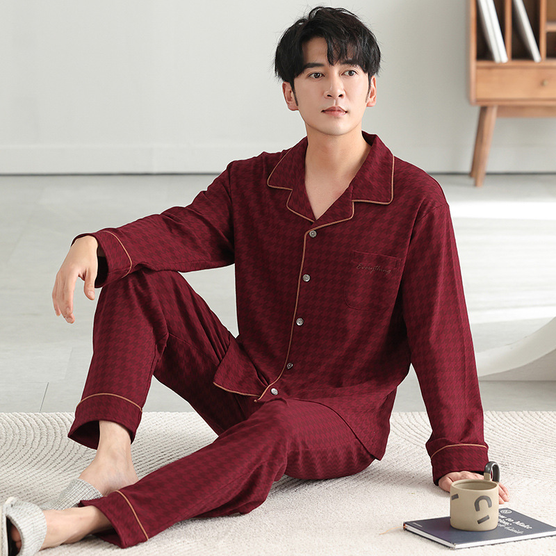 빨간 잠옷 연못 남자 순면 가을 2025 새로운 모든 면 긴 소매 플러스 사이즈 남자 가을 겨울 홈 옷