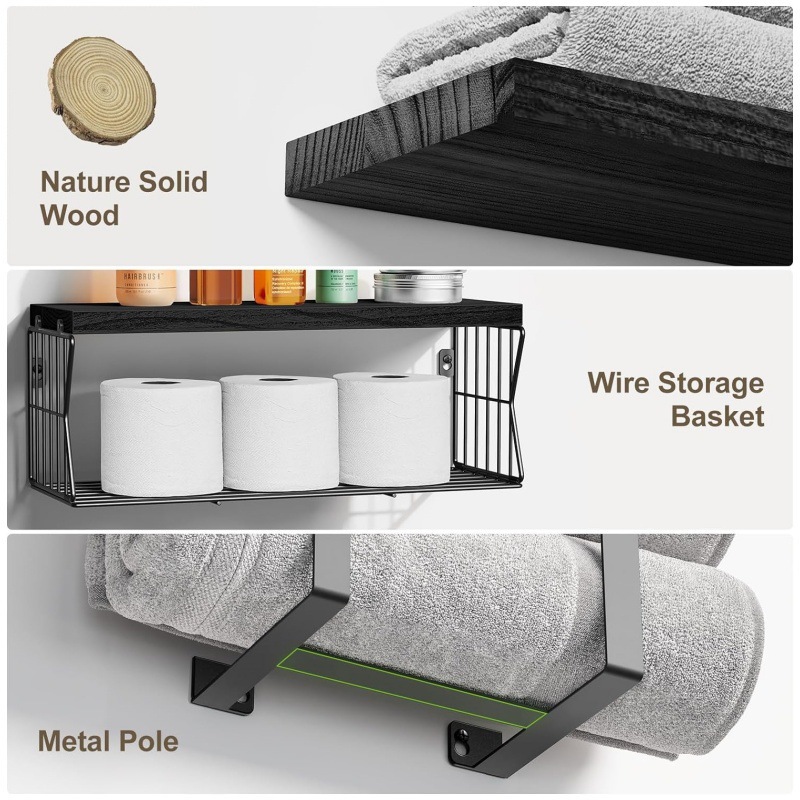 Rack de almacenamiento de toallas de baño tipo pared, estante de almacenamiento de tres piezas, baño, sala de estar, cocina, estante de almacenamiento de artículos de baño